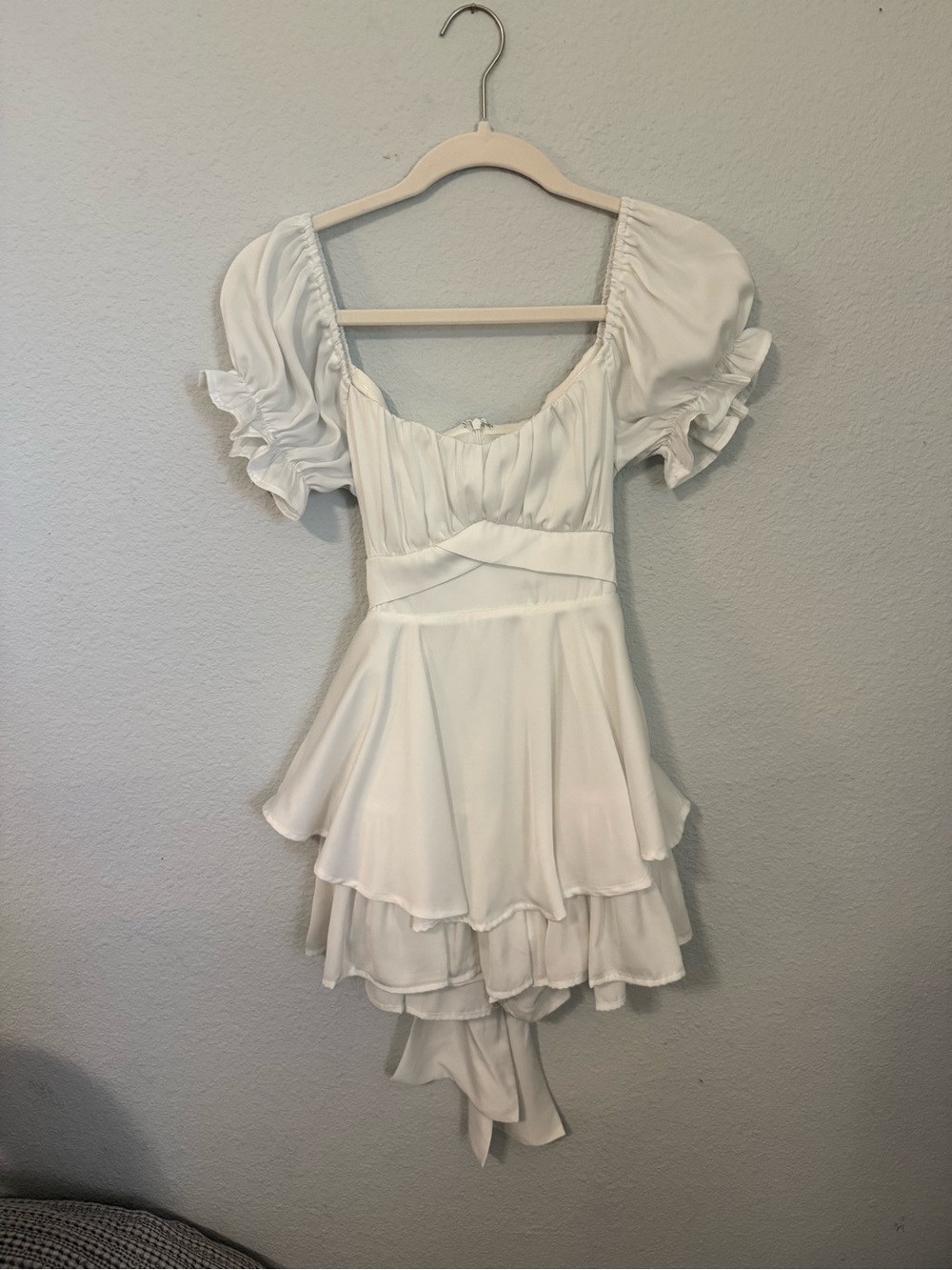 Blue Rain White Puff Sleeve Tiered Mini Dress